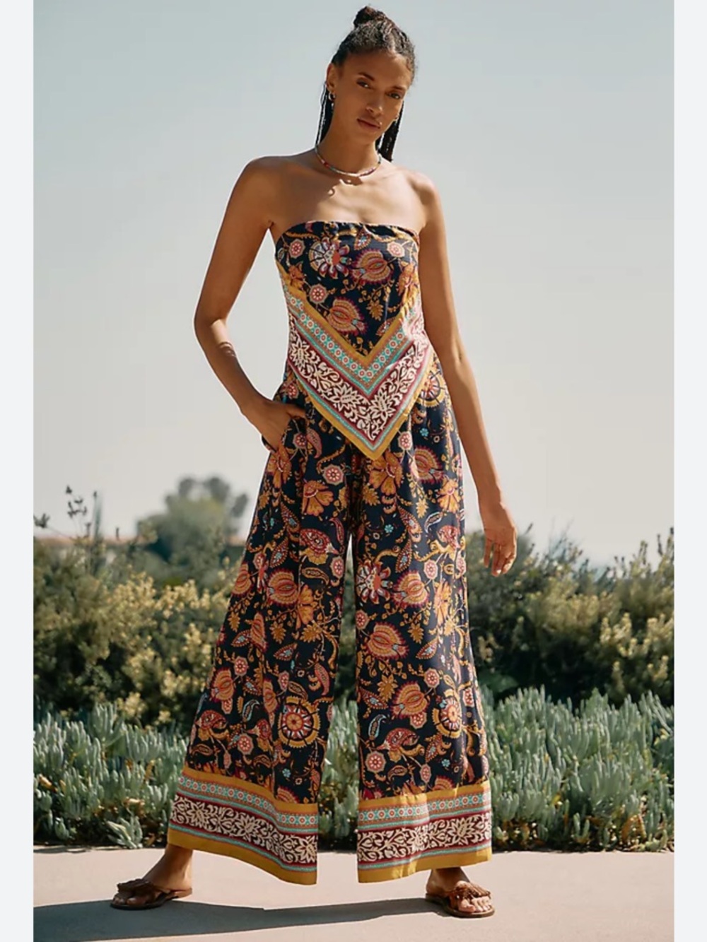 Anthropologie Scarf-Print Boho Strapless Crop Wide Leg Jumpsuit Size XS